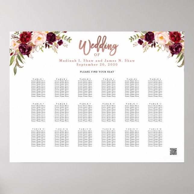 Burgundy Floral Rose Gold Wedding Seating Chart (Front)