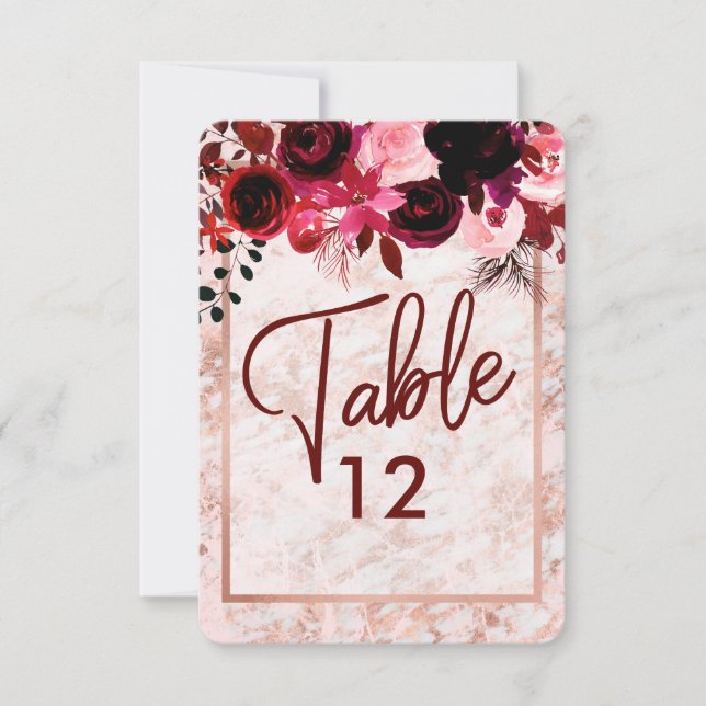 Burgundy Floral & Rose Gold Wedding Table Numbers (Front)