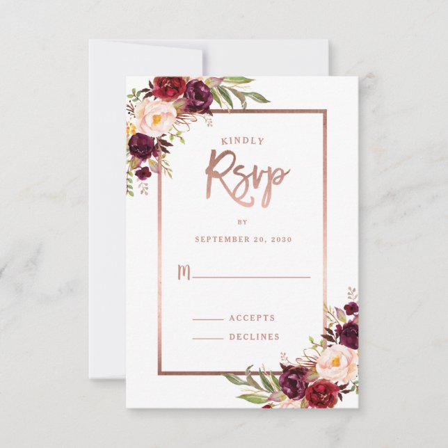 Burgundy Floral Rose Gold White Wedding RSVP Card (Front)