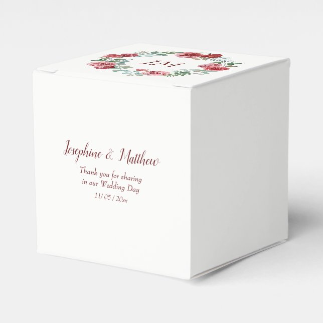Burgundy Floral Rose Wreath Monogram Wedding Favour Box (Front Side)