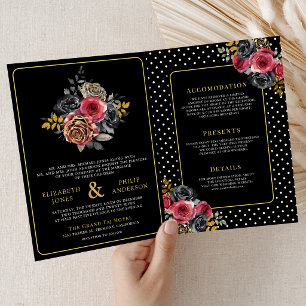 Burgundy Floral Roses All in One Black Wedding Invitation