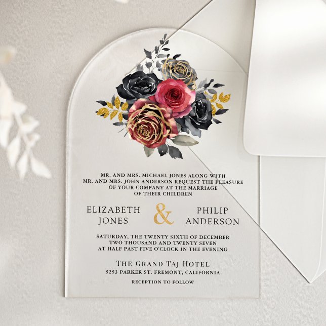 Burgundy Floral Roses Black Wedding Acrylic Invitations (Creator Uploaded)