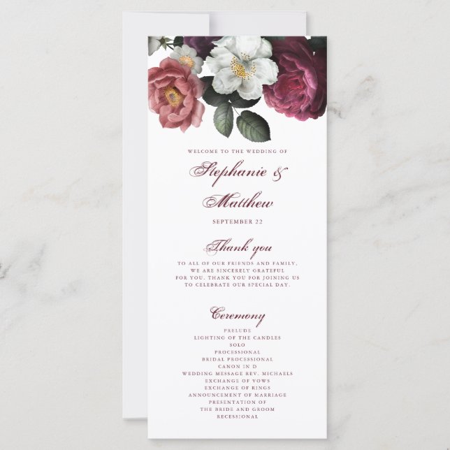 Burgundy Floral Roses Botanical Wedding Program (Front)