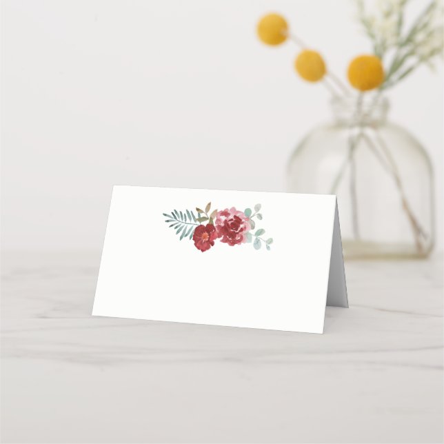 Burgundy Floral Roses Foliage Bouquet Wedding Place Card (Front)