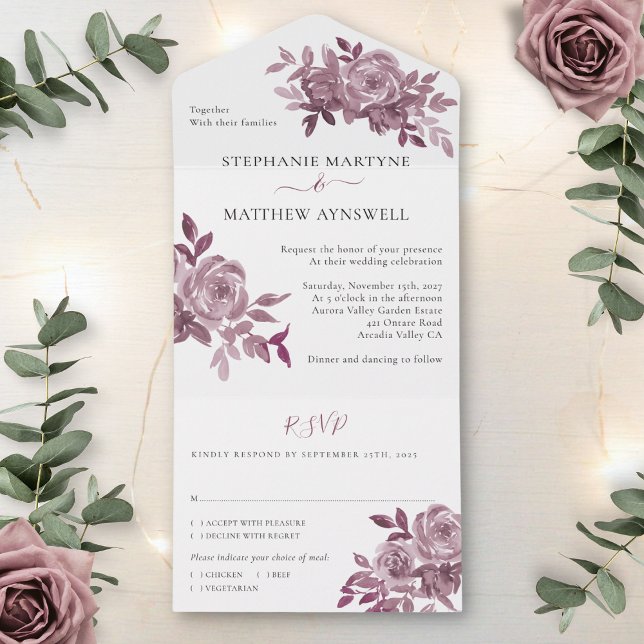 Burgundy Floral Roses Foliage Wedding All In One Invitation (Creator Uploaded)