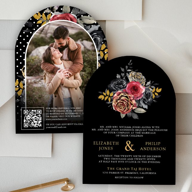 Burgundy Floral Roses QR Code Photo Black Wedding Invitation (Creator Uploaded)