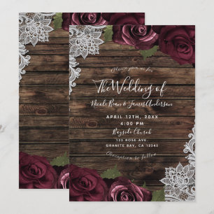 Burgundy Floral Roses Rustic Wood Lace Wedding  In Invitation