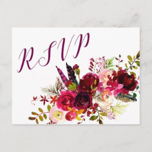 Burgundy Floral RSVP reply 3979, entree choices Invitation Postcard