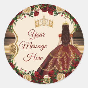 Burgundy Floral Rustic 15 Años Your Message Here Classic Round Sticker