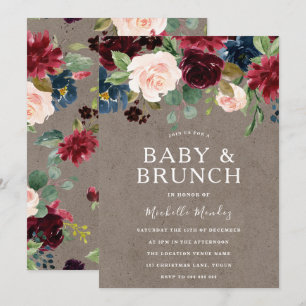 Burgundy Floral Rustic Baby Shower Brunch Invitation