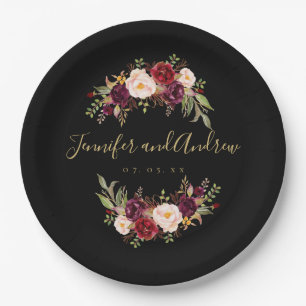 Burgundy Floral Rustic Black Gold Engagement Party Paper Plate