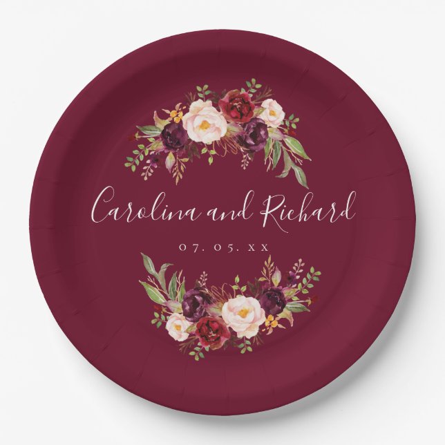 Burgundy Floral Rustic Engagement Party Paper Plate (Front)