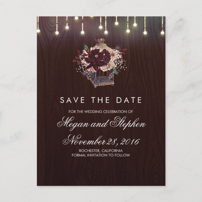 Burgundy Floral Rustic Lantern Save the Date Announcement Postcard (Front)