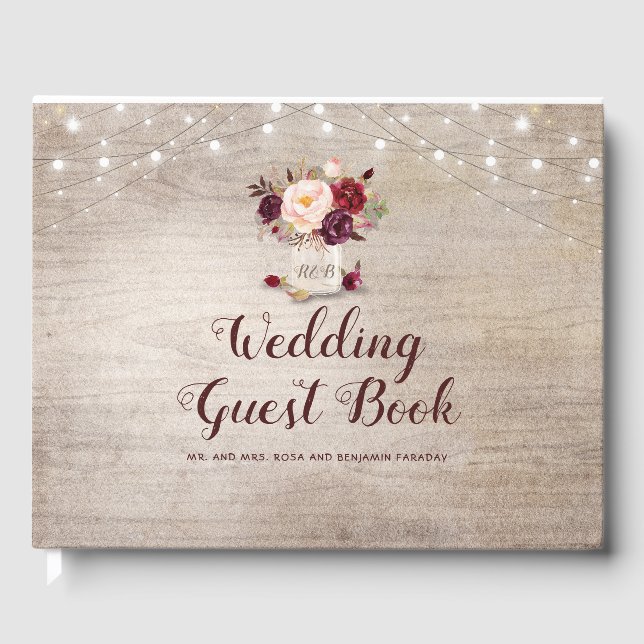 Burgundy Floral Rustic Mason Jar Wedding Guest Book (Front)