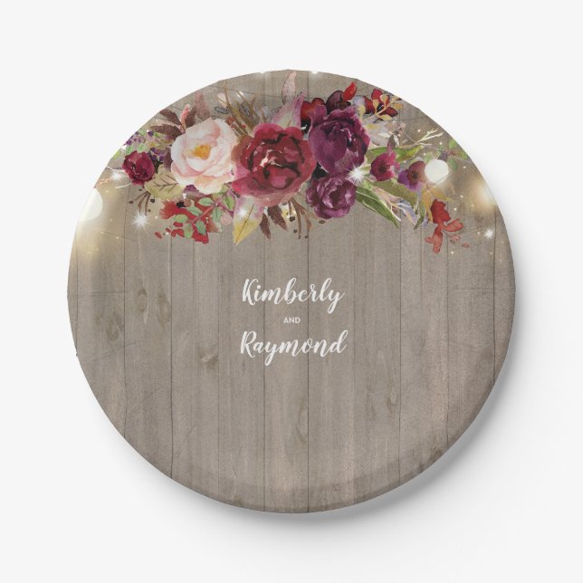 Burgundy Floral Rustic Paper Plate (Front)