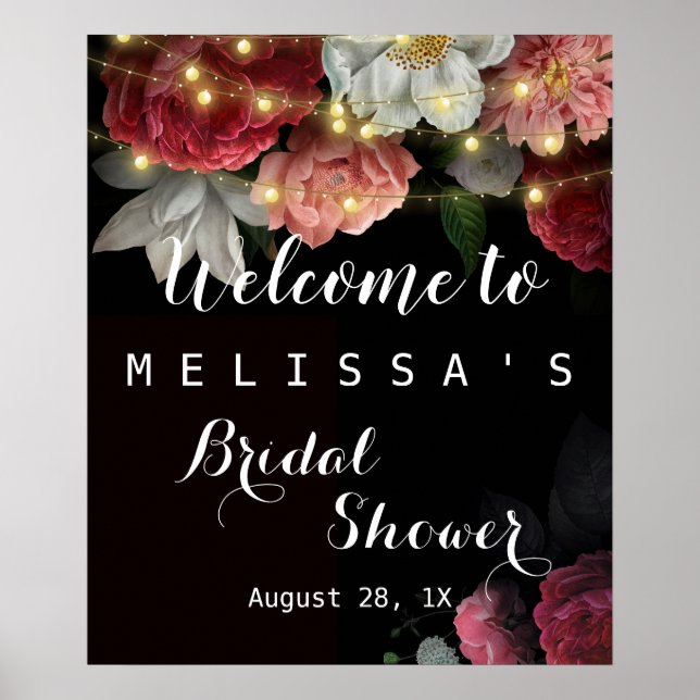 Burgundy  Floral Rustic string lights bridal showe Poster (Front)