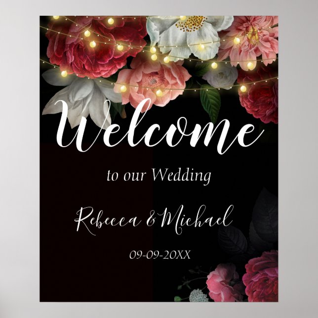 Burgundy  Floral Rustic string lights Poster (Front)