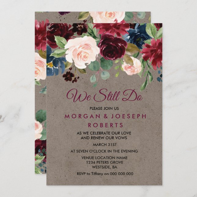 Burgundy Floral Rustic Vow Renewal We Still Do Invitation (Front/Back)