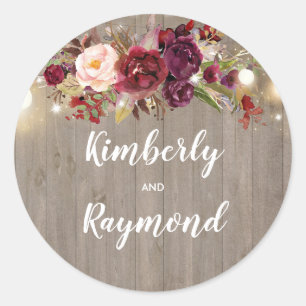 Burgundy Floral Rustic Wedding Classic Round Sticker