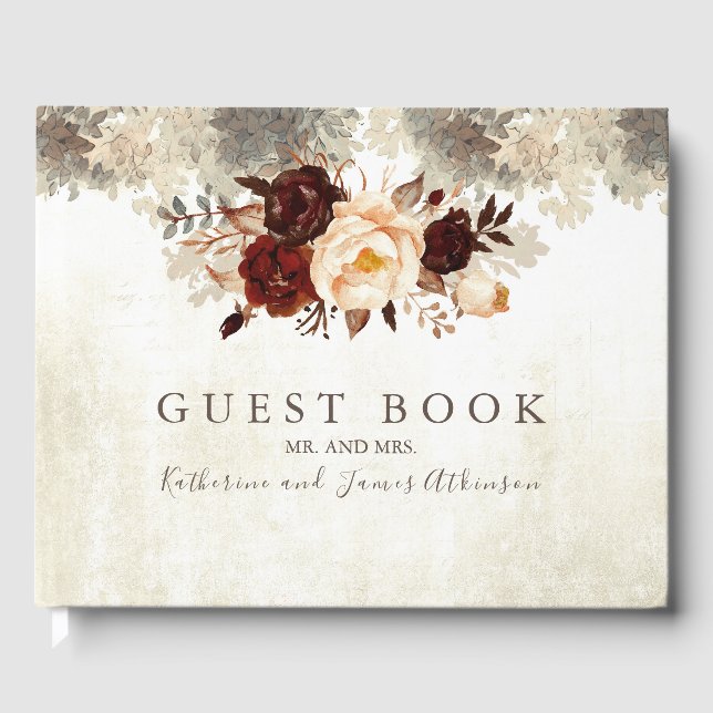 Burgundy Floral Rustic Wedding Guest Book (Front)
