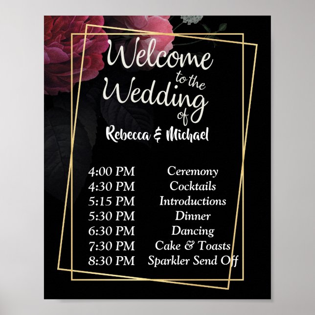 Burgundy  Floral Rustic Wedding Order of Events P Poster (Front)