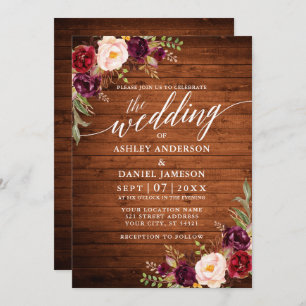 Burgundy Floral Rustic Wood Calligraphy Wedding Invitation