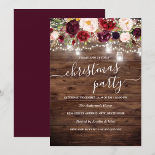 Burgundy Floral Rustic Wood Christmas Party Invite