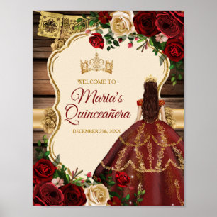 Burgundy Floral Rustic Wood Mis Quince Welcome Poster