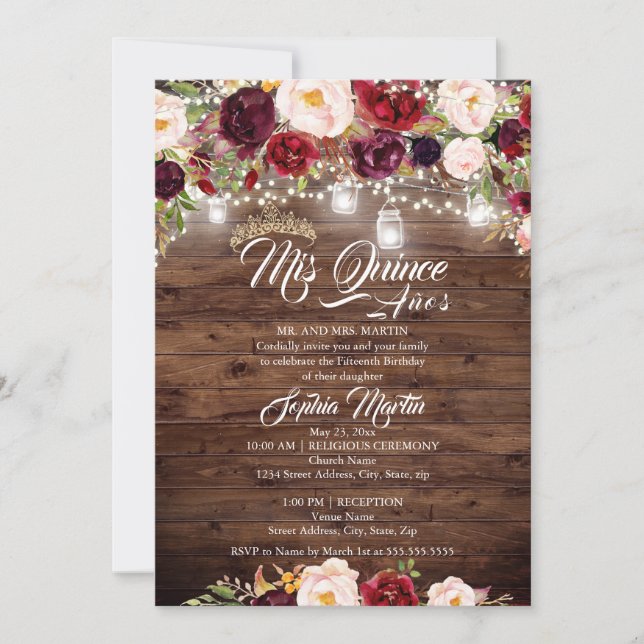 Burgundy Floral Rustic Wood Quinceanera  Invitation (Front)
