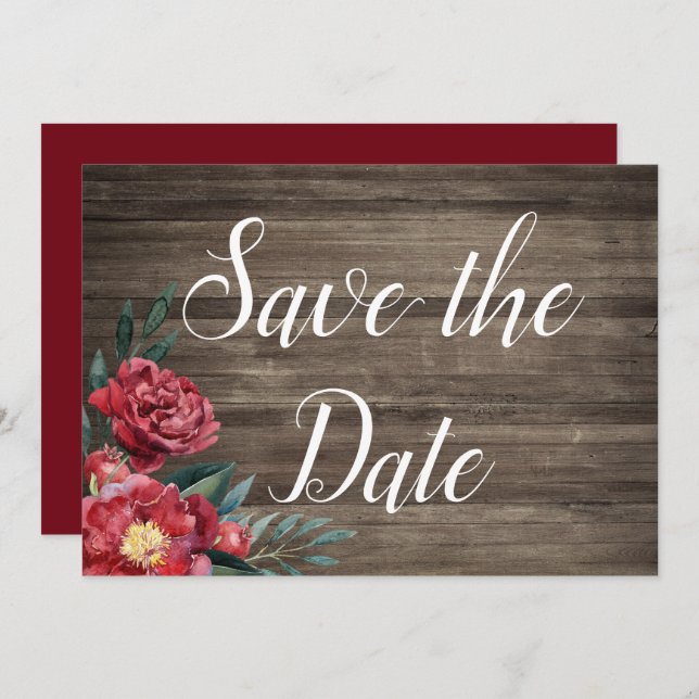 Burgundy Floral Rustic Wood Save the Date Card (Front/Back)