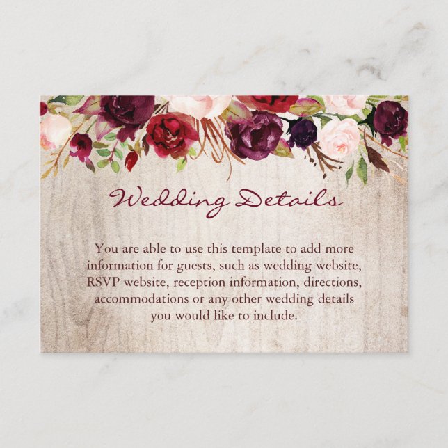 Burgundy Floral Rustic Wood Wedding Details Info Enclosure Card (Front)