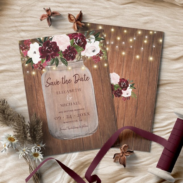 Burgundy Floral Rustic Wood Wedding Save the Date (Creator Uploaded)
