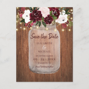 Burgundy Floral Rustic Wood Wedding Save the Date Announcement Postcard