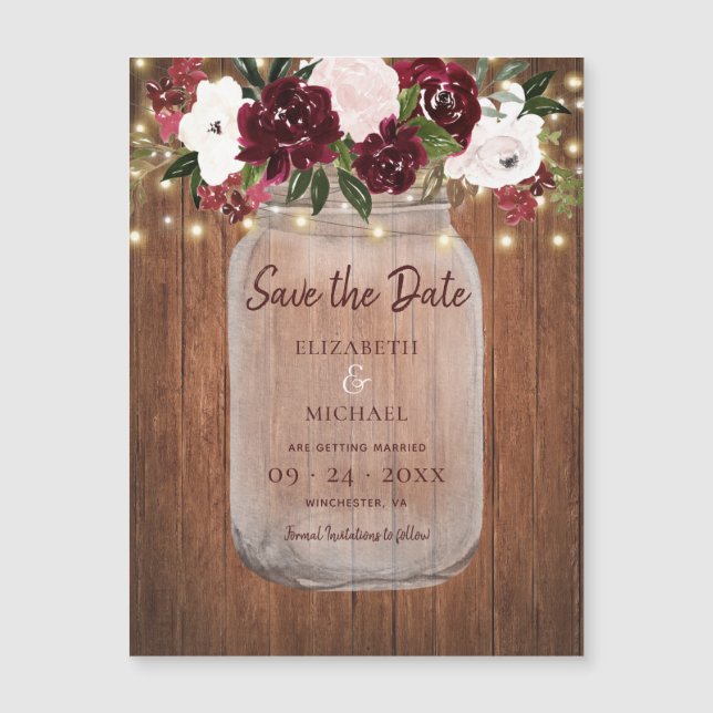 Burgundy Floral Rustic Wood Wedding Save the Date Magnetic Invitation (Front)