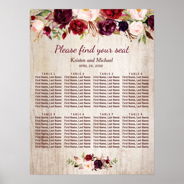 Burgundy Floral Rustic Wood Wedding Seating Chart (Front)