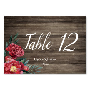 Burgundy Floral Rustic Wood Wedding Table Number