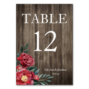 Burgundy Floral Rustic Wood Wedding Table Number