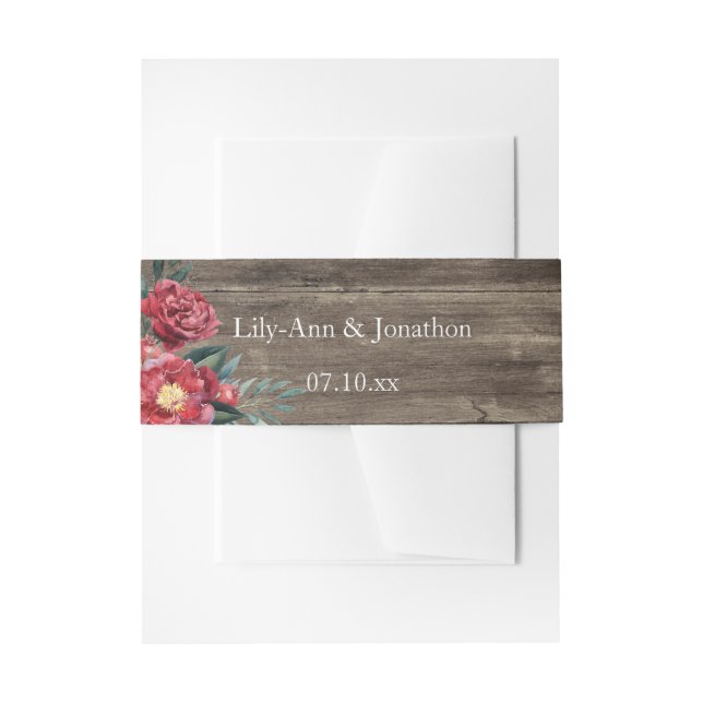 Burgundy Floral Rustic Woodgrain Invitation Belly Band (Front Example)