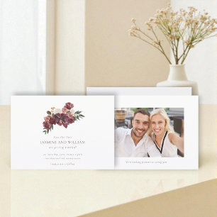 Burgundy Floral Save Our Date photo Announcement