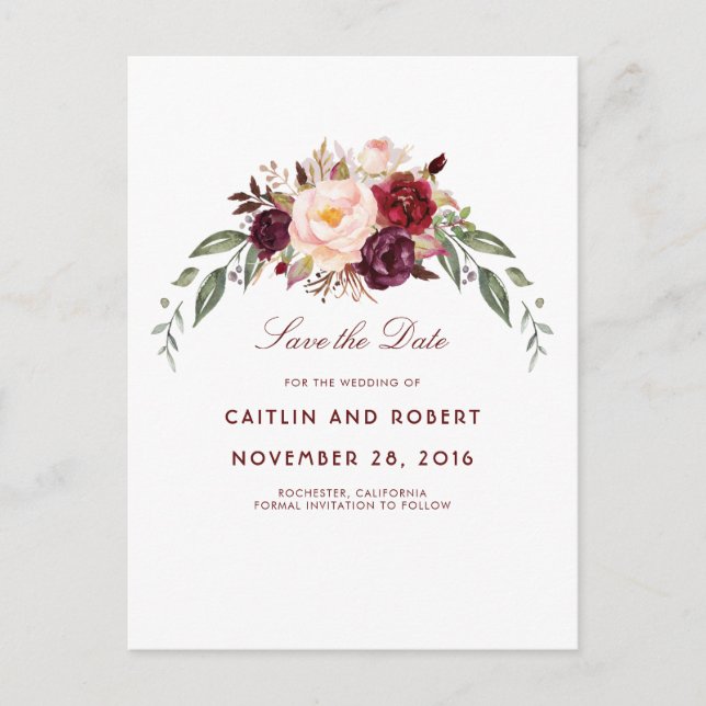 Burgundy Floral Save the Date Announcement Postcard (Front)