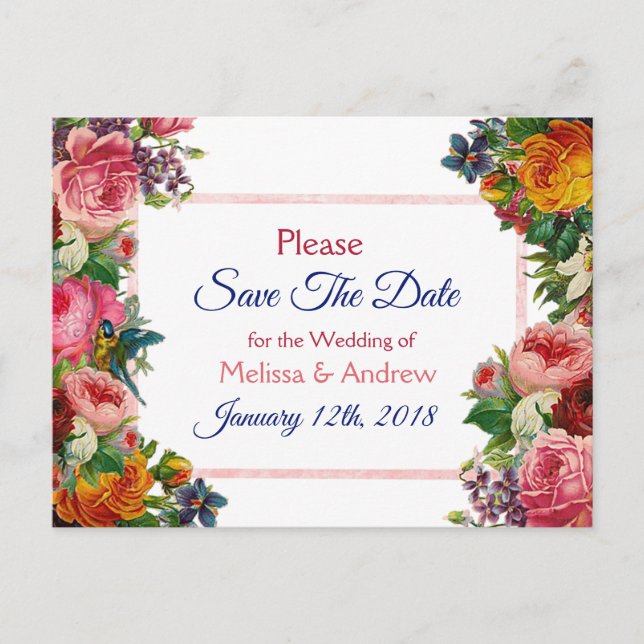 Burgundy Floral Save the Date Postcard (Front)