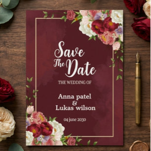  Burgundy Floral Save the Date Wedding Invitation