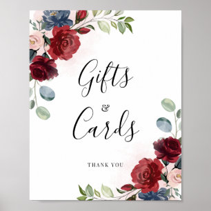 Burgundy Floral Script Dusty Blue Gifts and Cards Poster