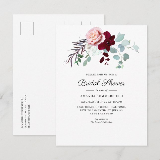 Burgundy Floral Script Eucalyptus Bridal Shower Invitation Postcard (Front/Back)
