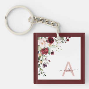 Burgundy Floral Script Monogram Initial Name Key Ring