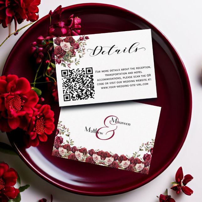 Burgundy Floral Script QR Code Wedding Details Enclosure Card (Creator Uploaded)