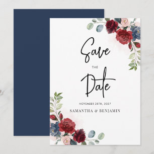 Burgundy Floral Script Wedding Save The Date