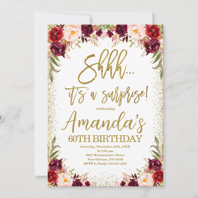 Burgundy Floral, Shhh it's a Surprise Birthday Invitation (Front)