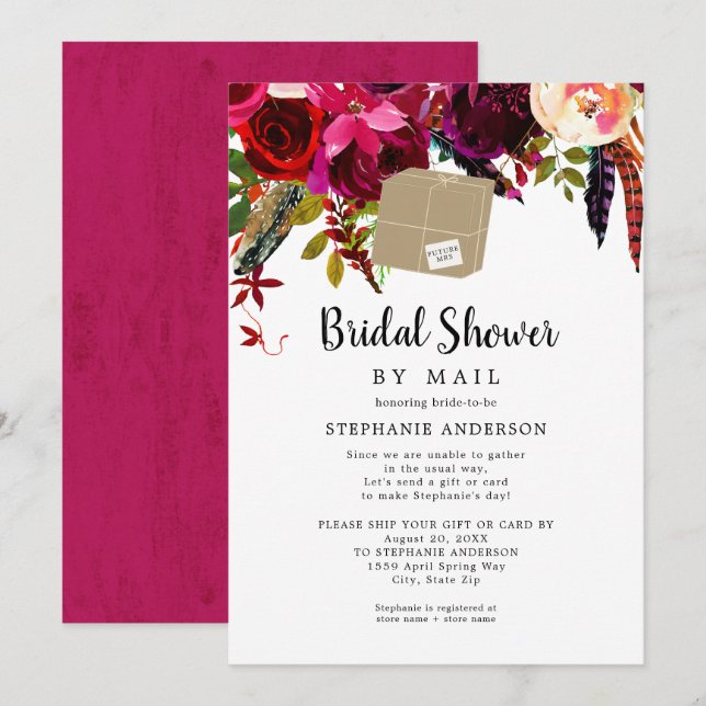 Burgundy Floral shipping box Bridal Shower by mail Invitation (Front/Back)