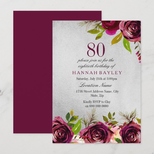 Burgundy Floral Silver 80th Birthday Invite (Front/Back)